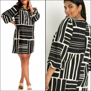 {26} Eloquii Basket Weave Puff Sleeve Shift Dress Black White